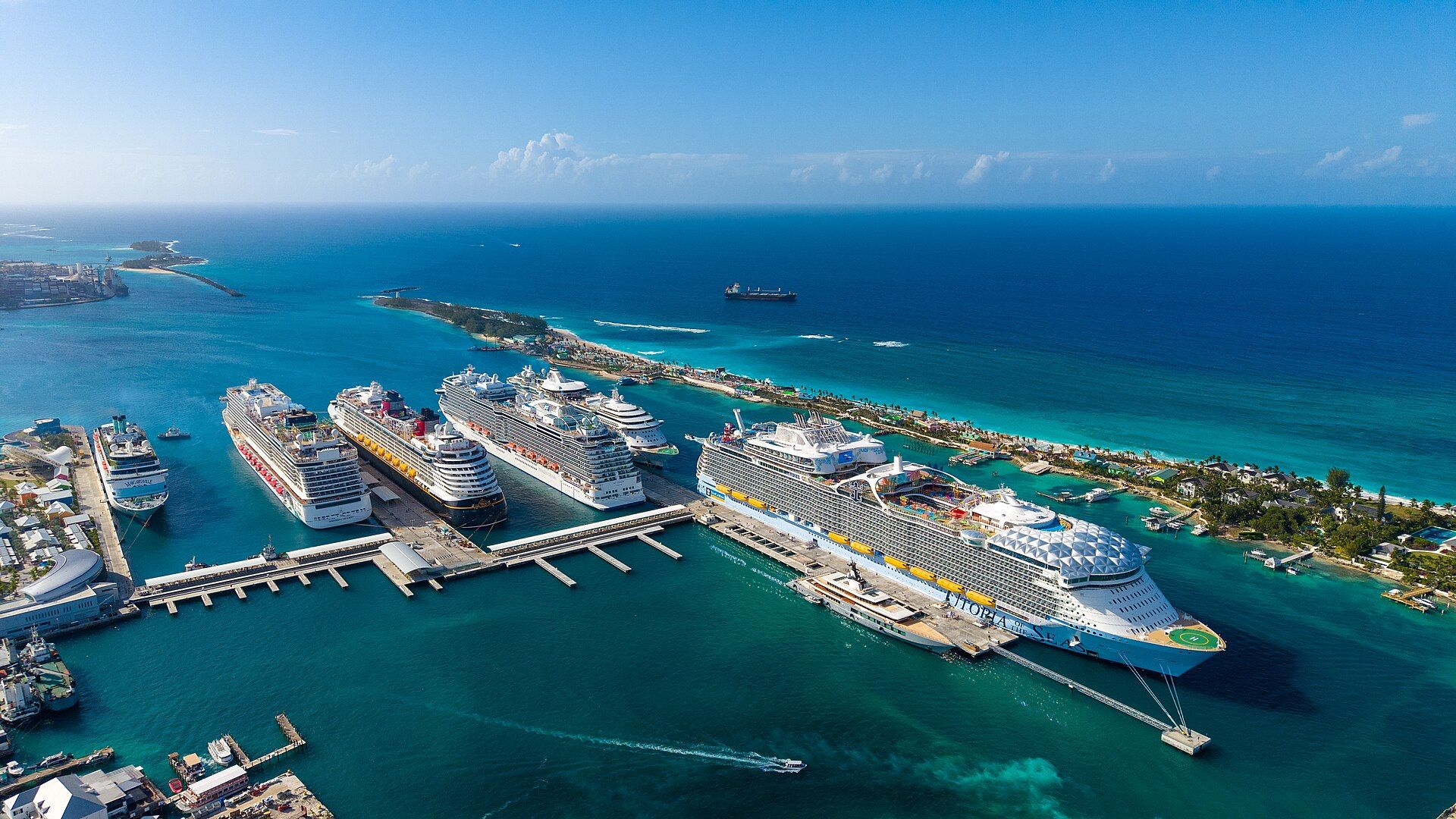 Aerial view of cruise ships from several lines docked in Nassau Harbour, Bahamas