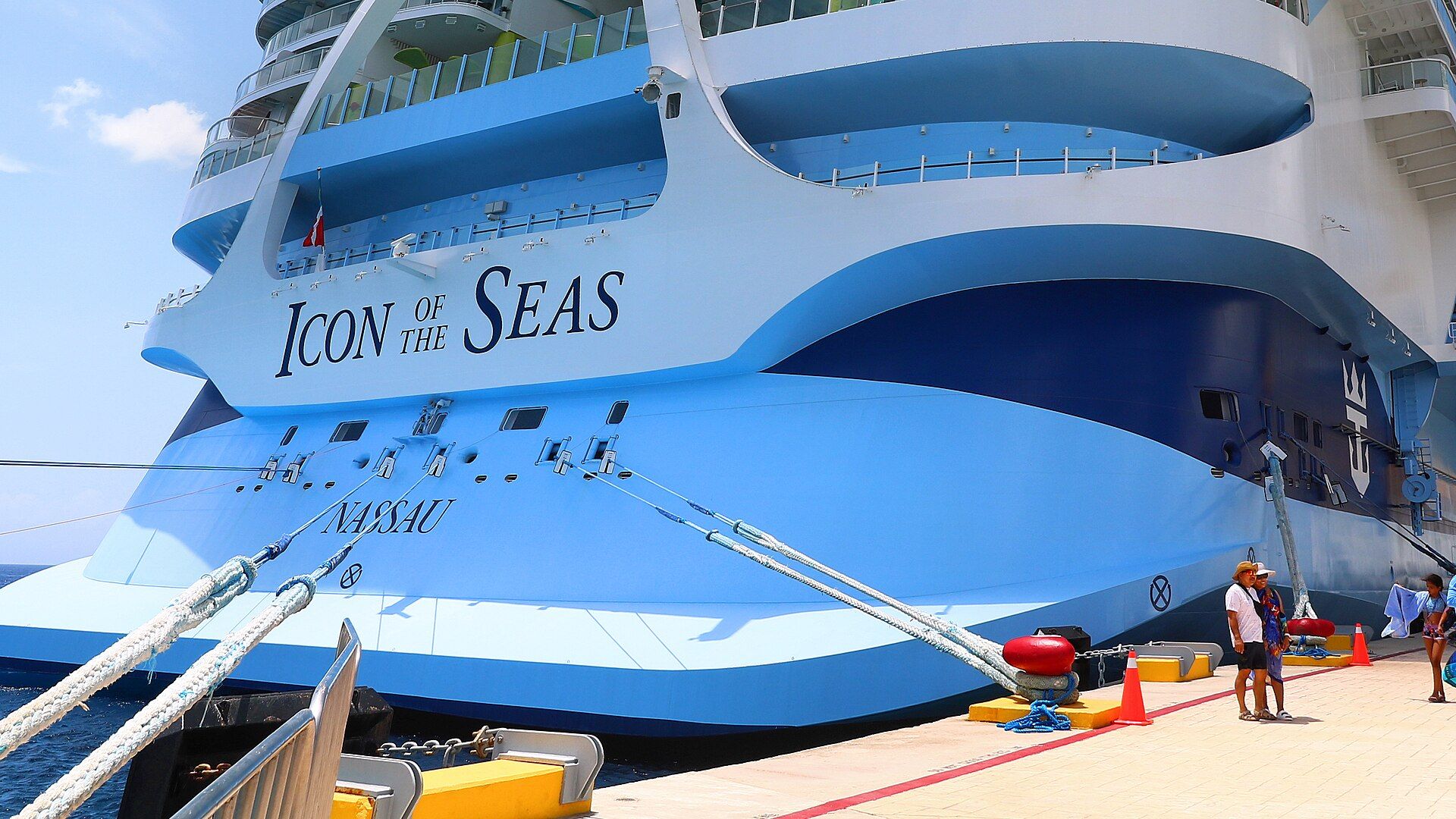 The stern of Icon of the Seas docked in Cozumel, Mexico
