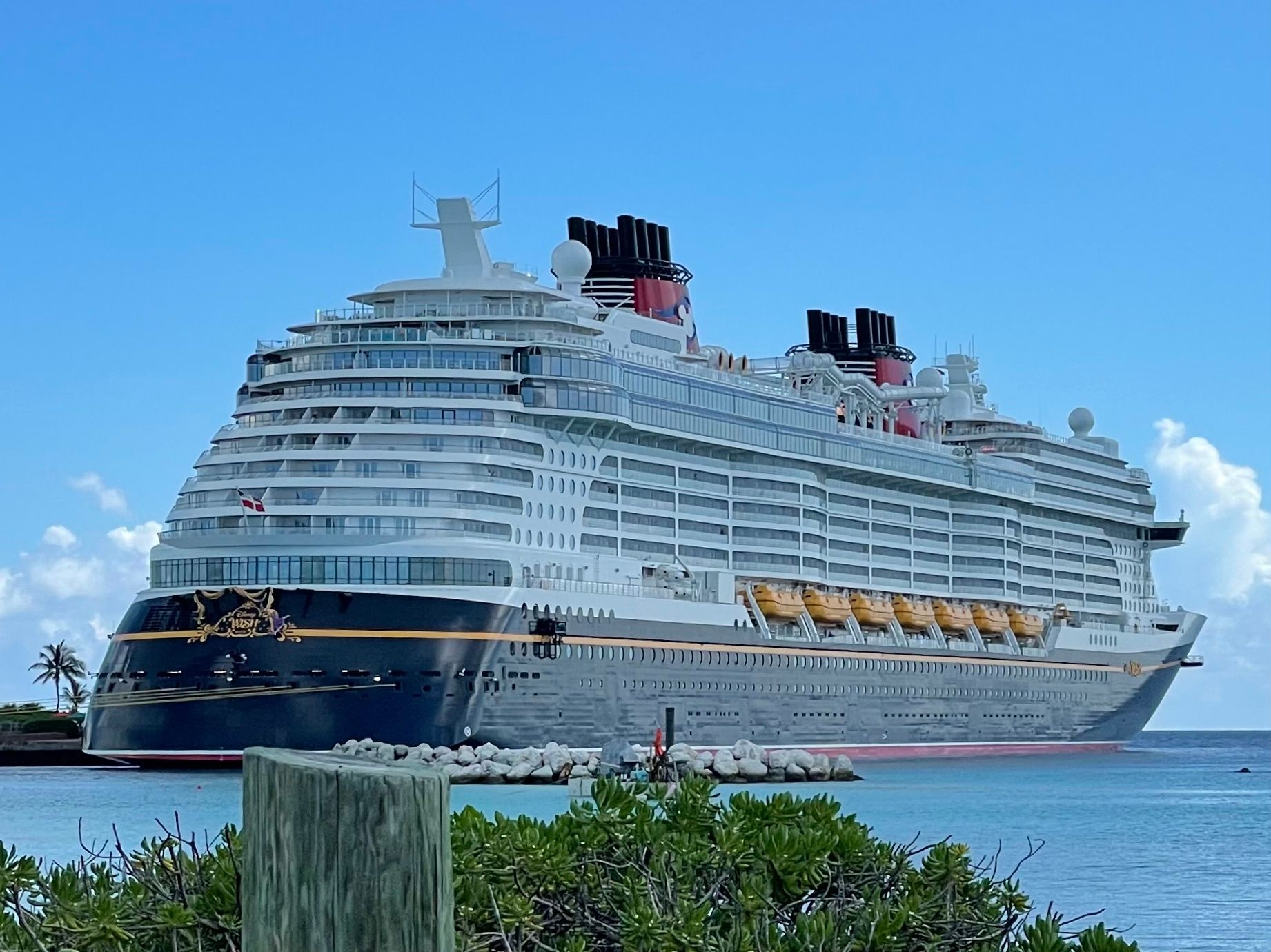 Disney Wish docked at Castaway Cay in the Bahamas
