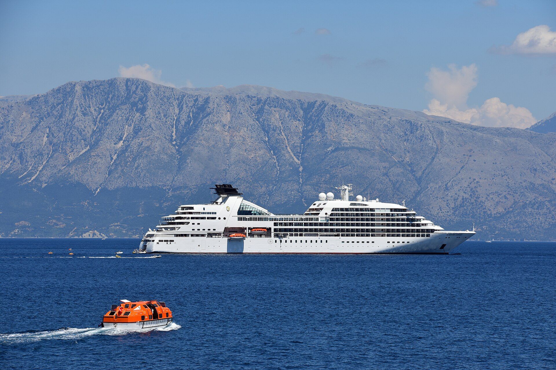 Seabourn Odyssey, a small luxury cruise ship, near Meganisi in Greece