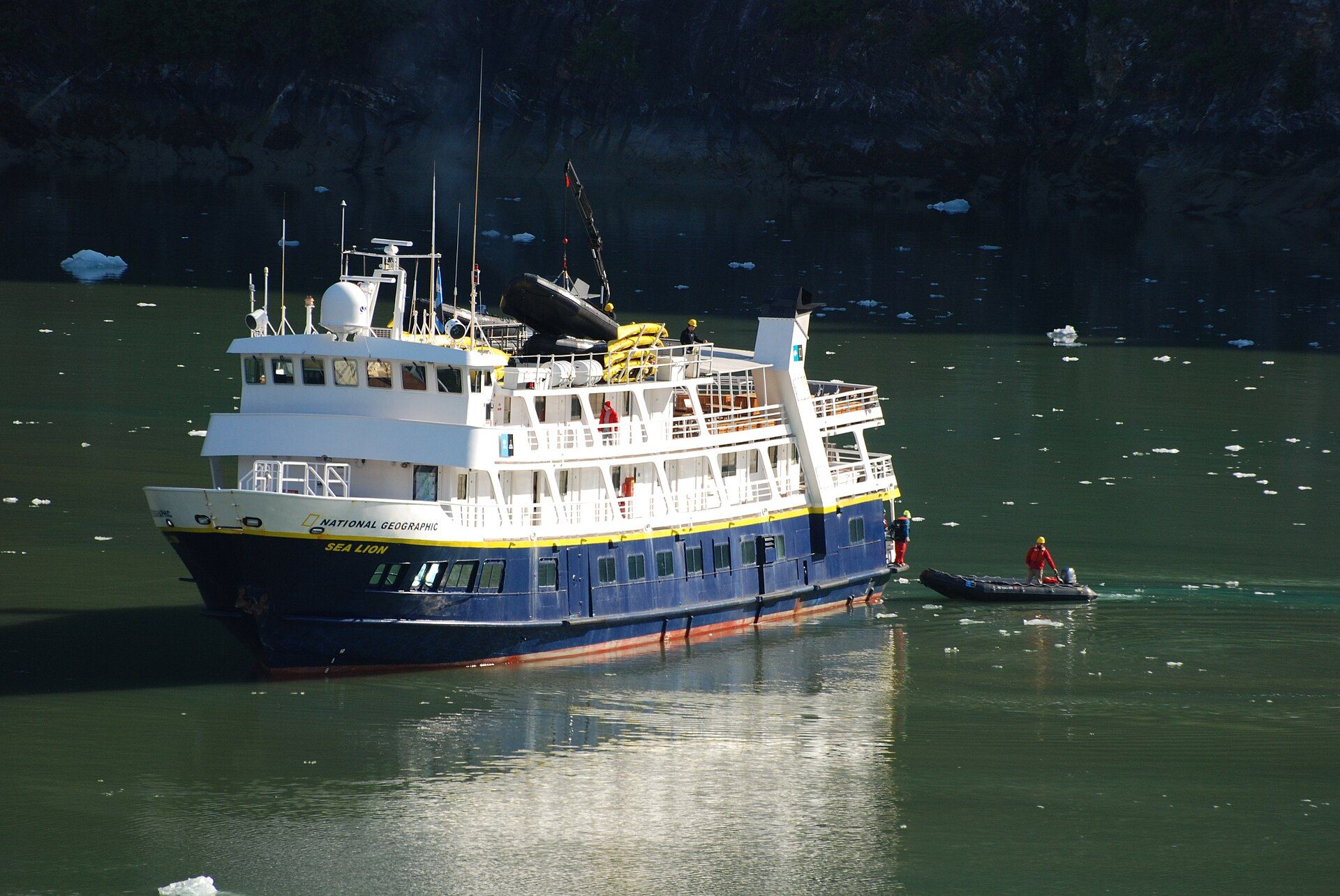 A small expedition cruise ship in Tracy Arm Fjord, Alaska