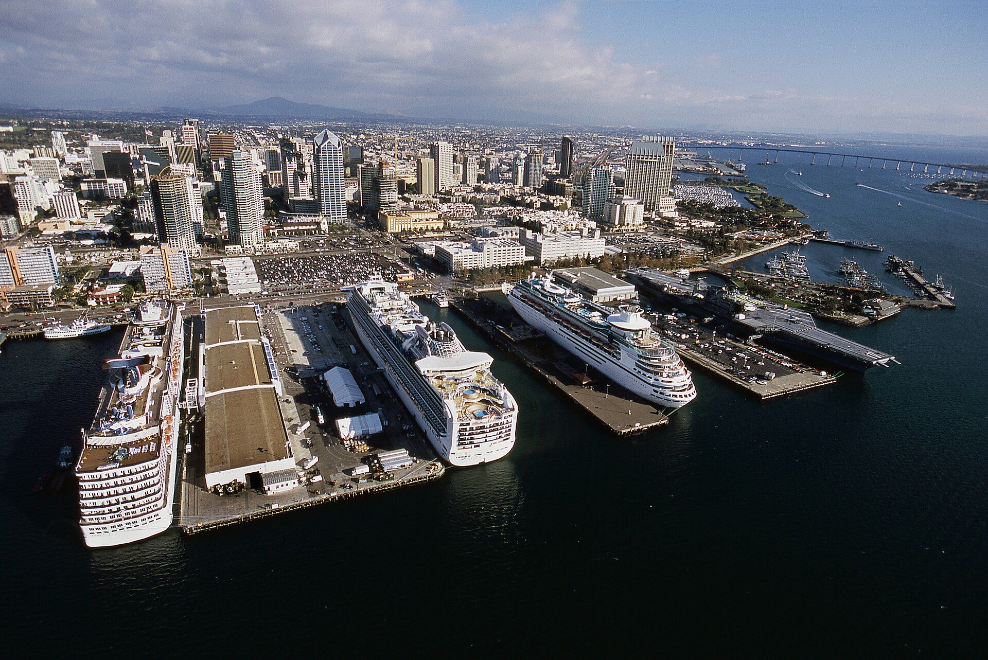 Aerial view of cruise ships docked at the North Embarcadero in San Diego