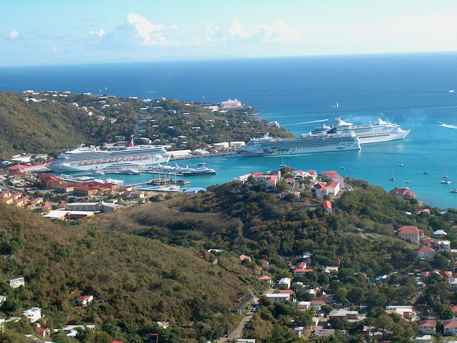 Cruise ships docked at Charlotte Amalie, St. Thomas, seen from the hills above the harbor