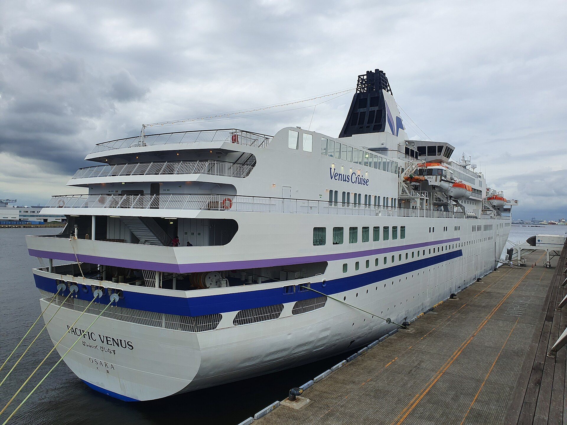 The cruise ship Pacific Venus docked at Yokohama's international passenger terminal