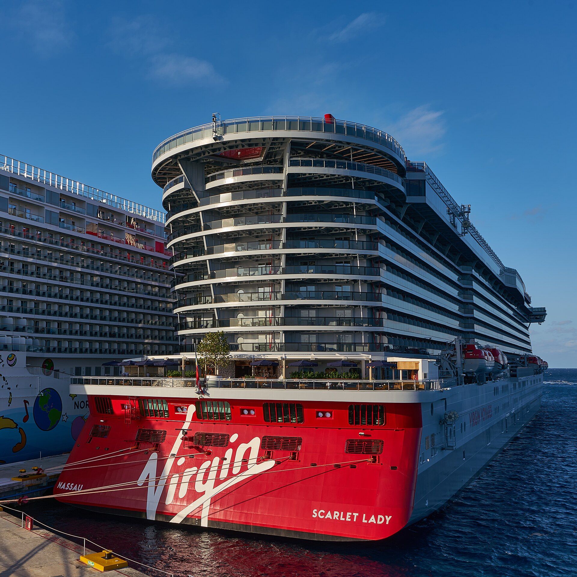 Virgin Voyages' Scarlet Lady alongside the pier in Cozumel, Mexico