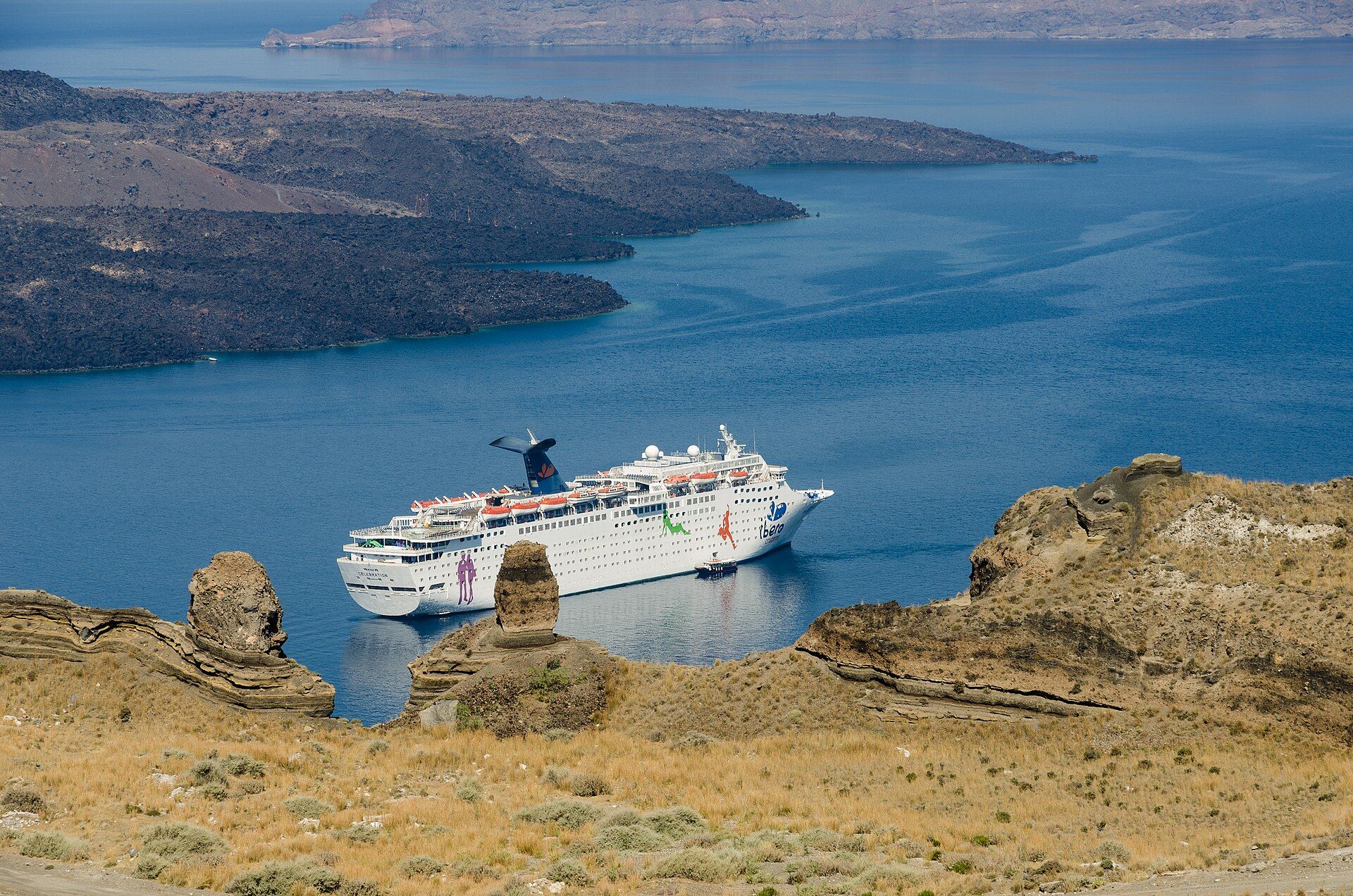 A cruise ship anchored in the caldera of Santorini, Greece