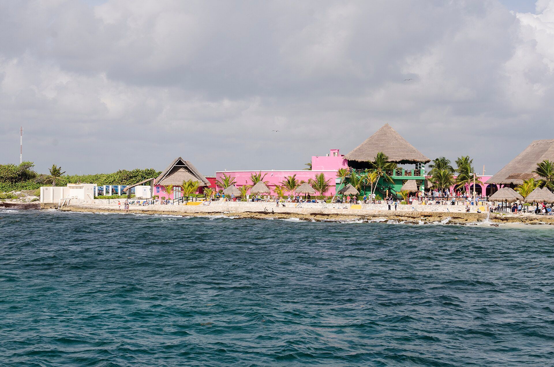 The shore of the Costa Maya cruise port, Mexico, seen from the water